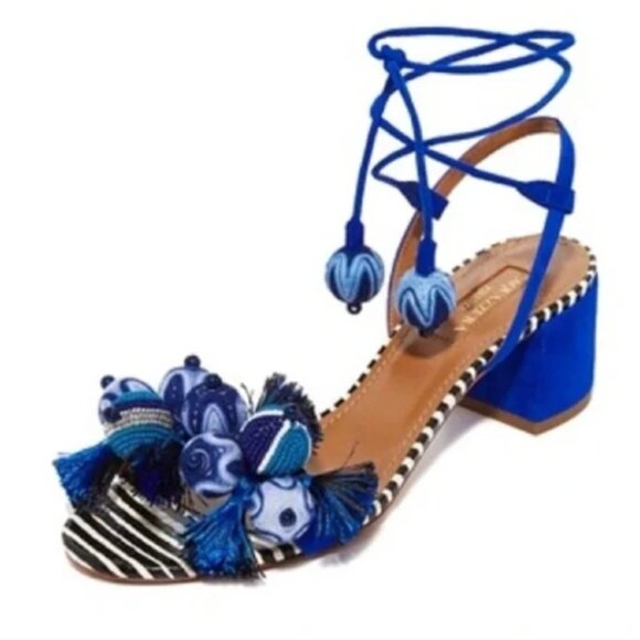 Aquazzura Tropicana Beaded Tassel Block Heeled Blue Sandals size 41 US 10